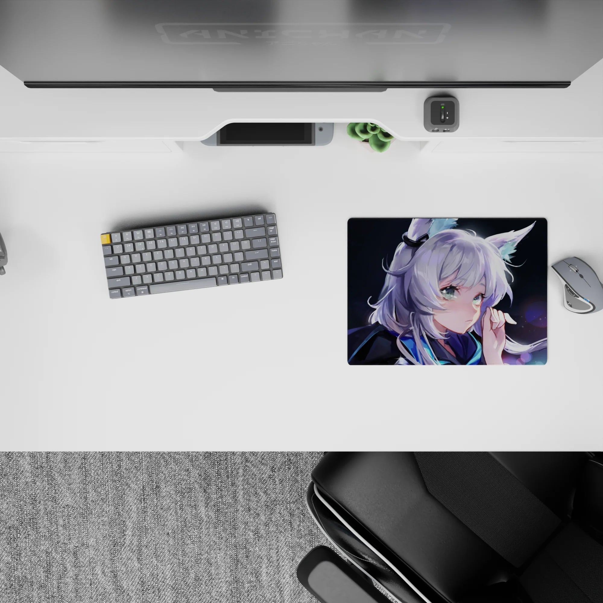 Moonlit navy, icy blue, and lilac anime girl mouse pad 14x10 inches with dreamy festival glow.