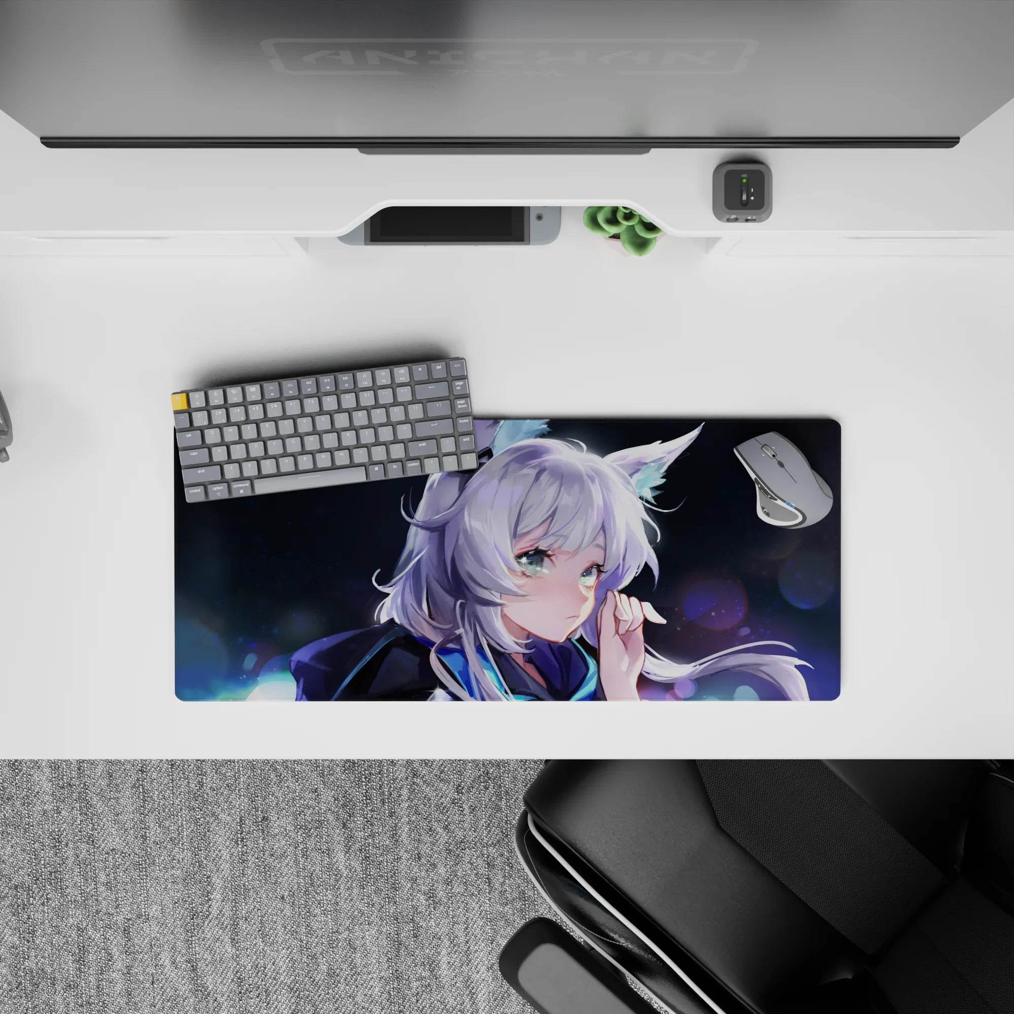 28x12 inches anime desk mat in deep navy, icy blue, and lilac highlights with dreamy night-festival glow.