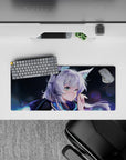28x12 inches anime desk mat in deep navy, icy blue, and lilac highlights with dreamy night-festival glow.