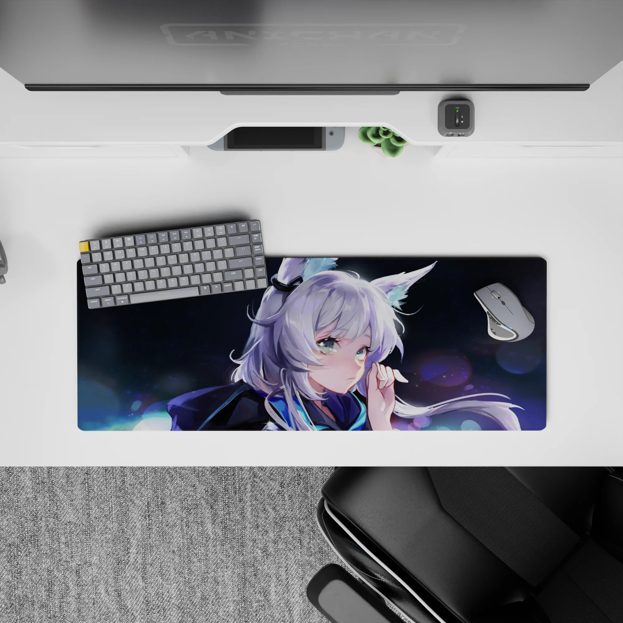 32x12 inches anime mouse pad in deep navy, icy blue, and lilac highlights with calm moonlit vibes.