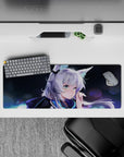 32x12 inches anime mouse pad in deep navy, icy blue, and lilac highlights with calm moonlit vibes.