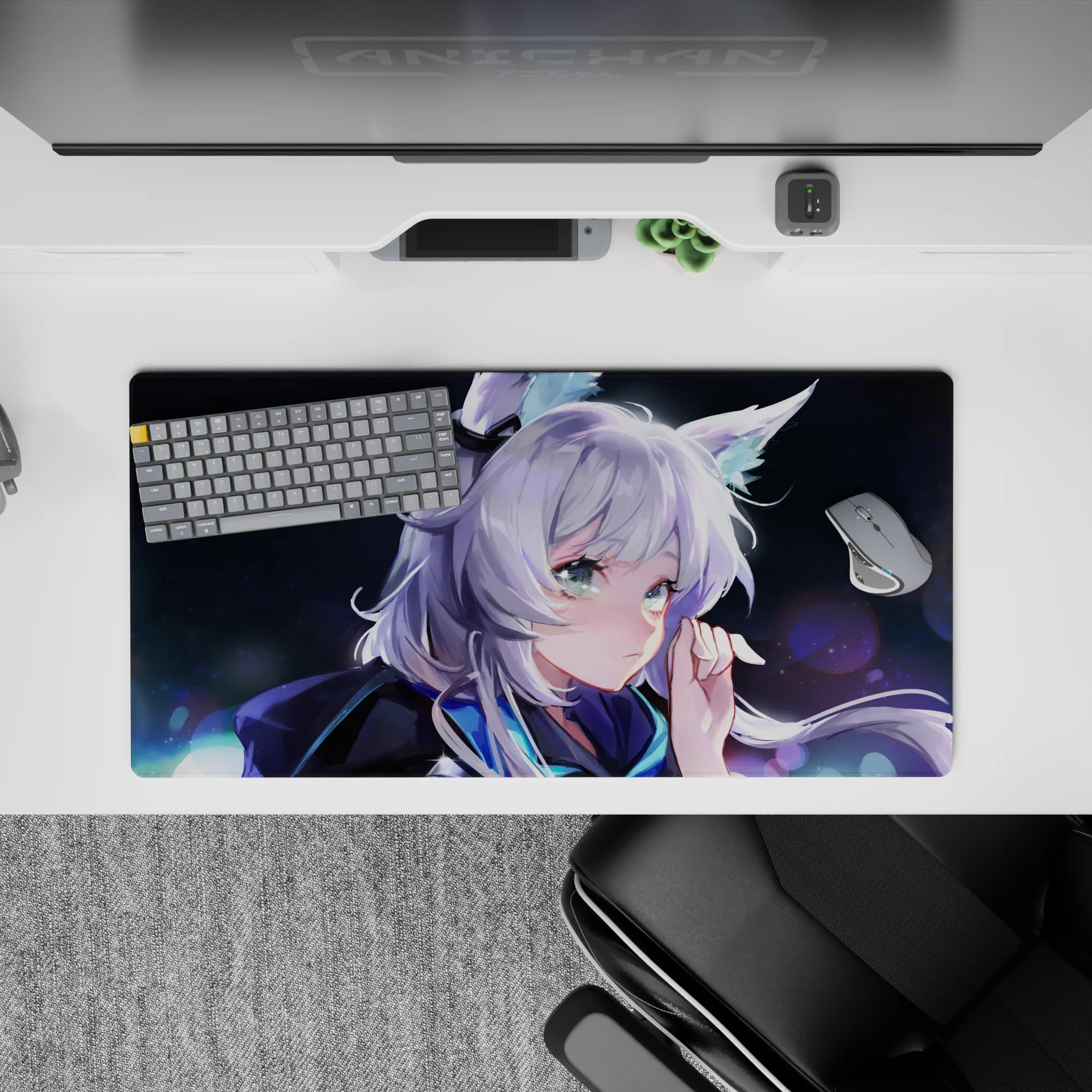 32x16 inches anime girl mouse pad in deep navy, icy blue and lilac highlights, soft moonlit dreamy vibe.
