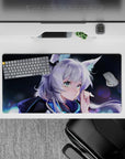 32x16 inches anime girl mouse pad in deep navy, icy blue and lilac highlights, soft moonlit dreamy vibe.