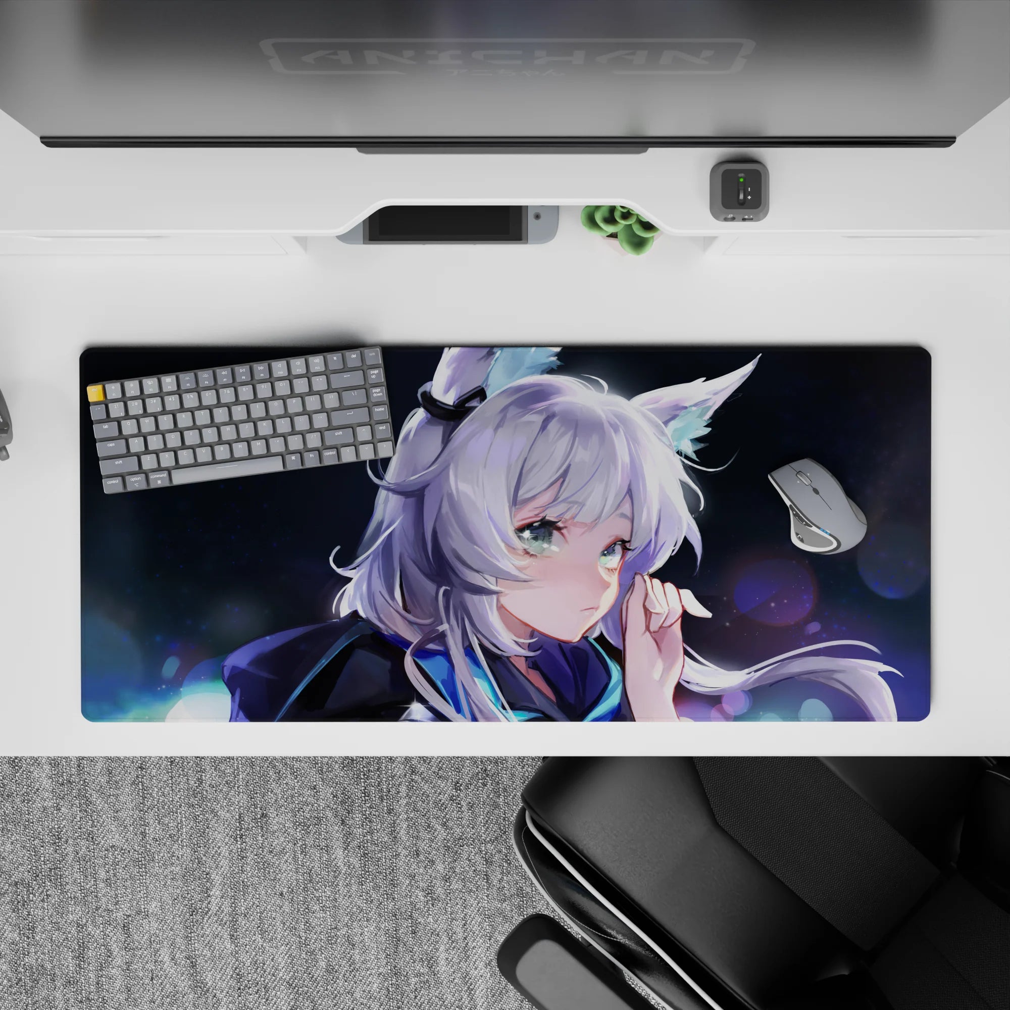 Moonlit anime desk pad 36x16 inches in deep navy, icy blue, and lilac glow for calm-cute vibes.