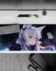 Moonlit anime desk pad 36x16 inches in deep navy, icy blue, and lilac glow for calm-cute vibes.