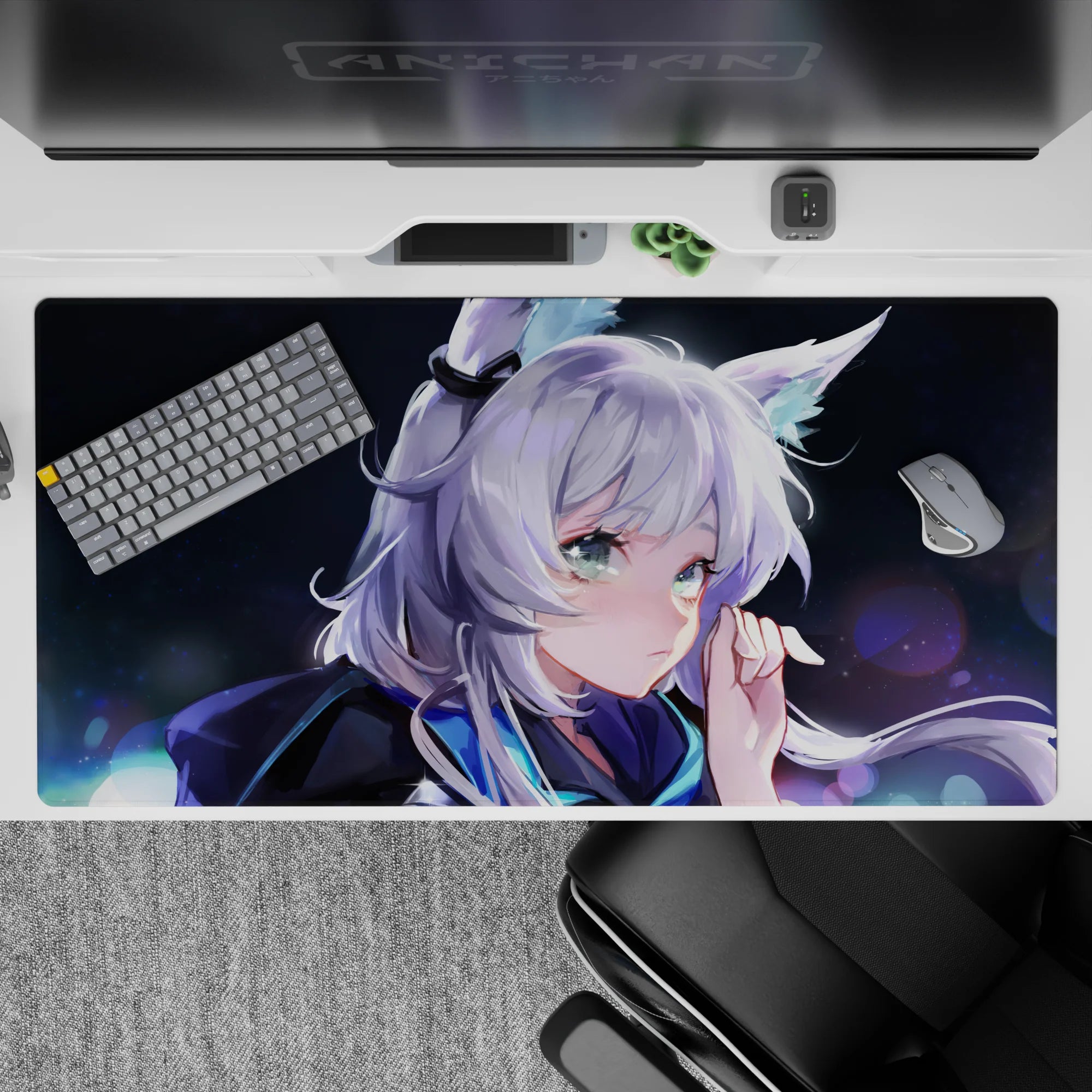 Calm moonlit anime desk pad 40x20 inches in navy, icy blue, and lilac tones with dreamy glow.