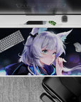 Calm moonlit anime desk pad 40x20 inches in navy, icy blue, and lilac tones with dreamy glow.
