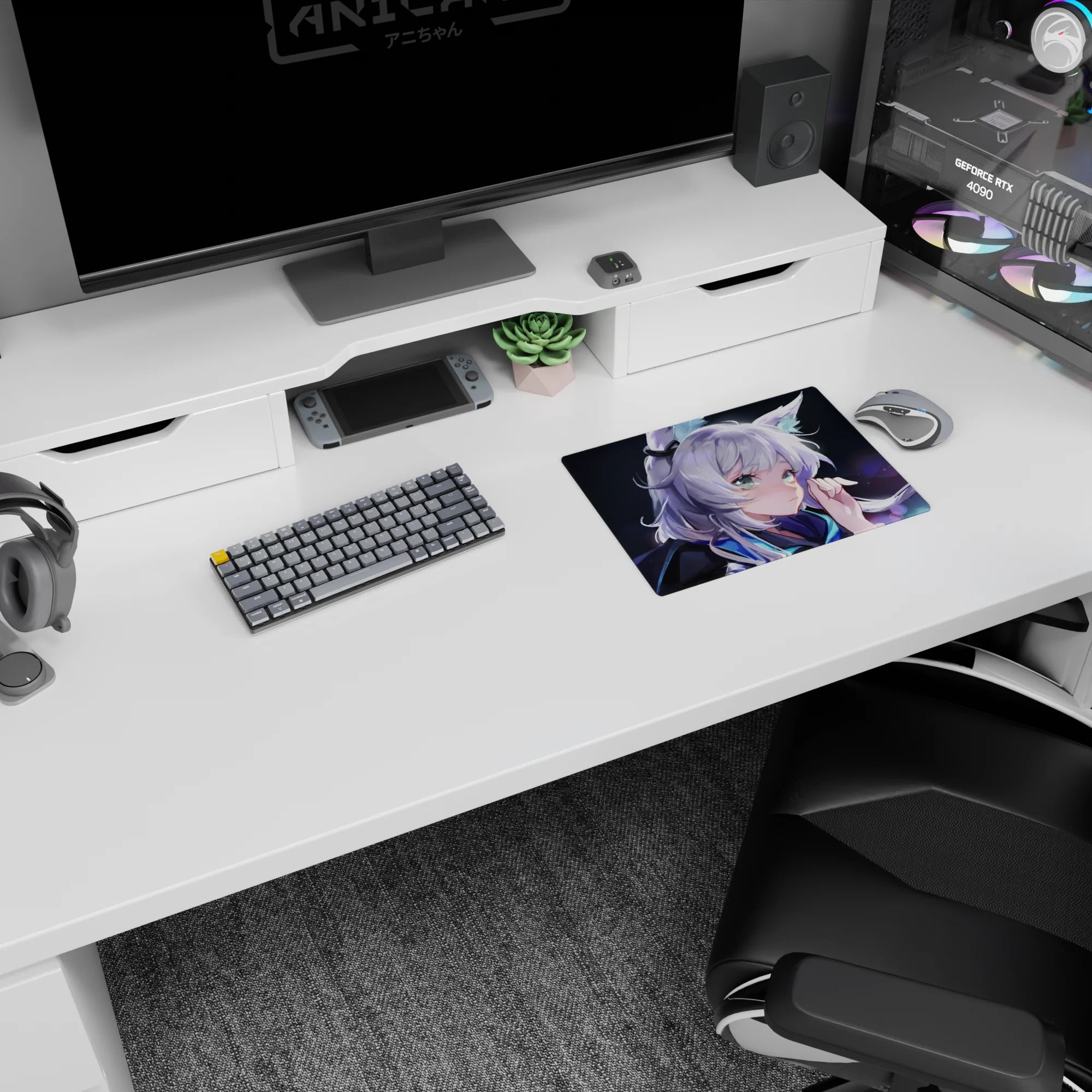 Silver-haired fox-eared anime girl under night bokeh on a 14x10 inches mouse pad, calm cute vibe.