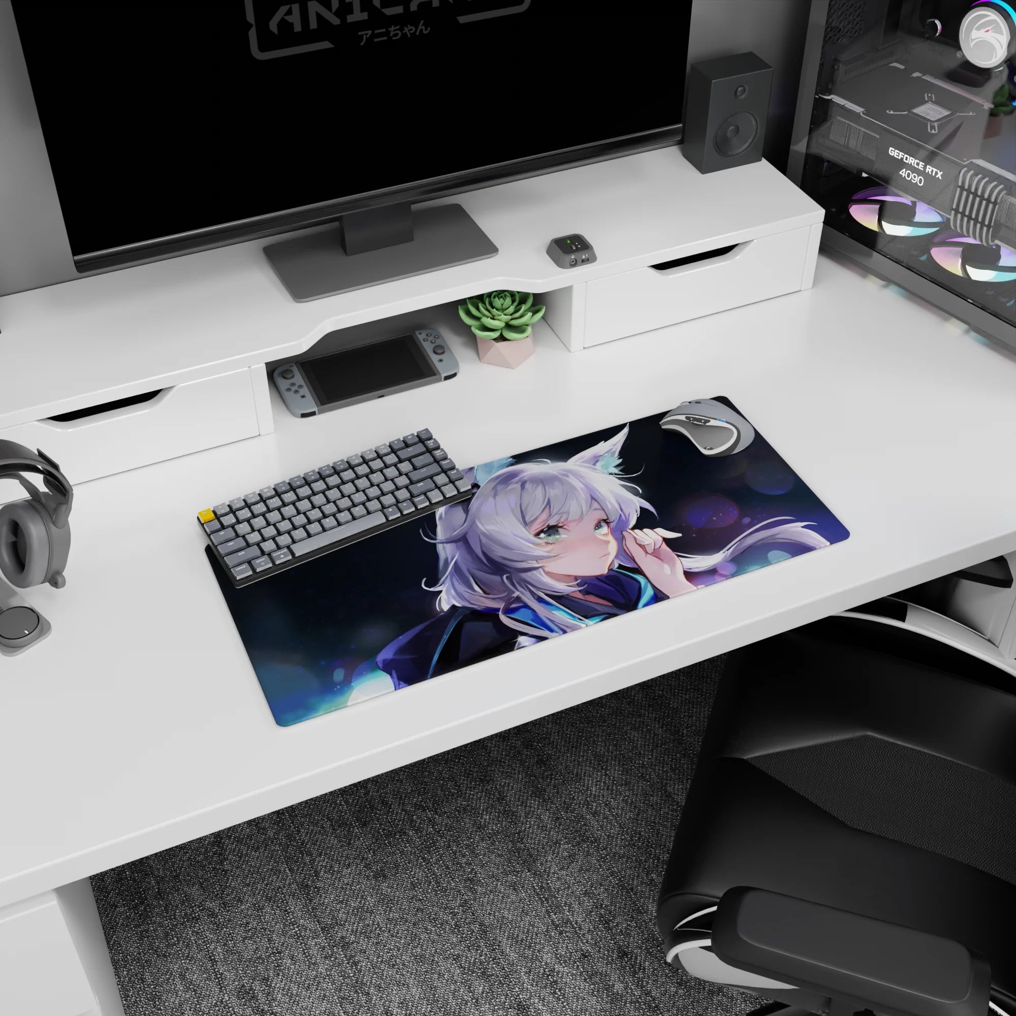 28x12 inches mouse pad featuring a silver-haired fox-eared anime girl under moonlight with soft sparkles.