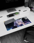 28x12 inches mouse pad featuring a silver-haired fox-eared anime girl under moonlight with soft sparkles.