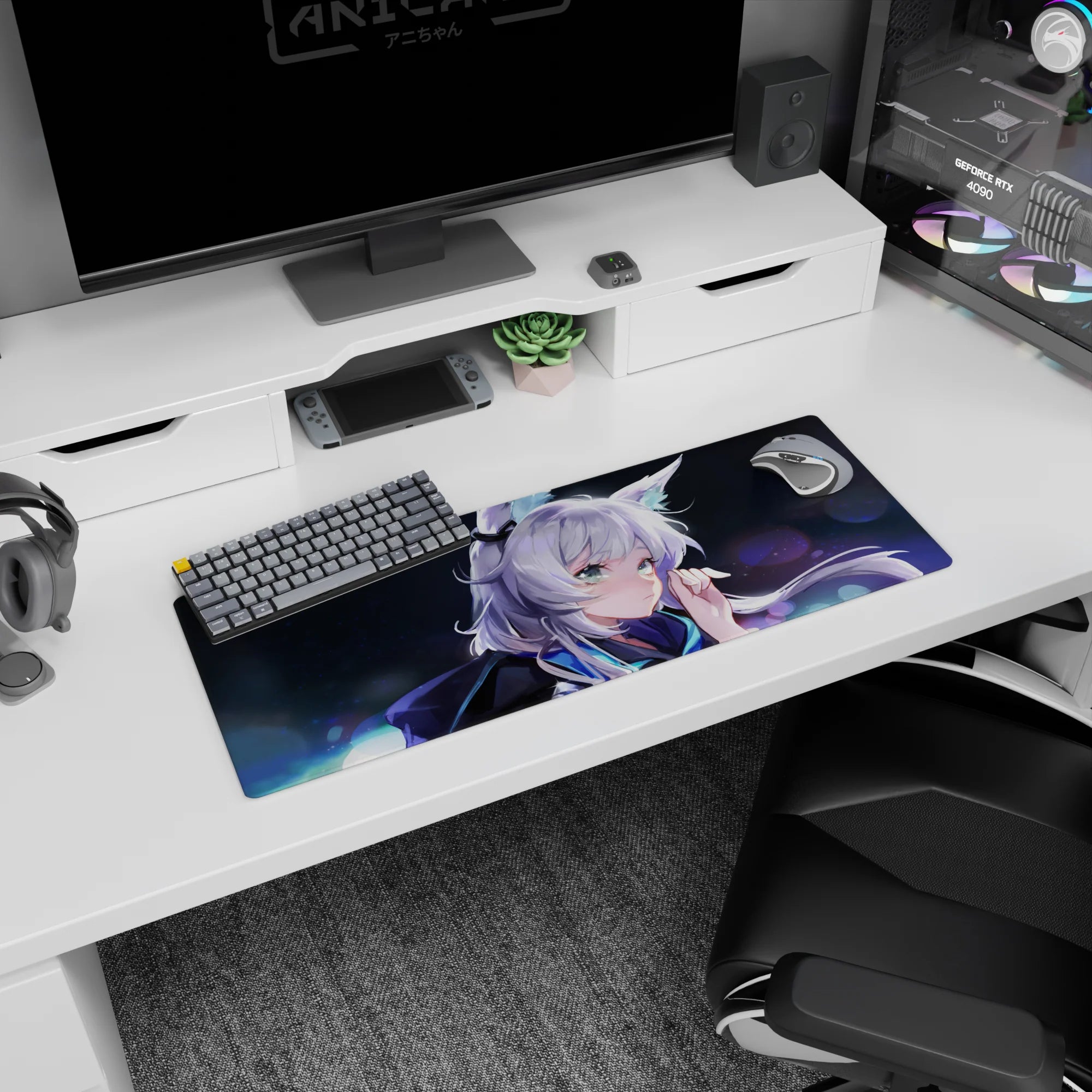 32x12 inches desk mat showing a silver-haired fox-eared anime girl under dreamy moonlight and soft glow.