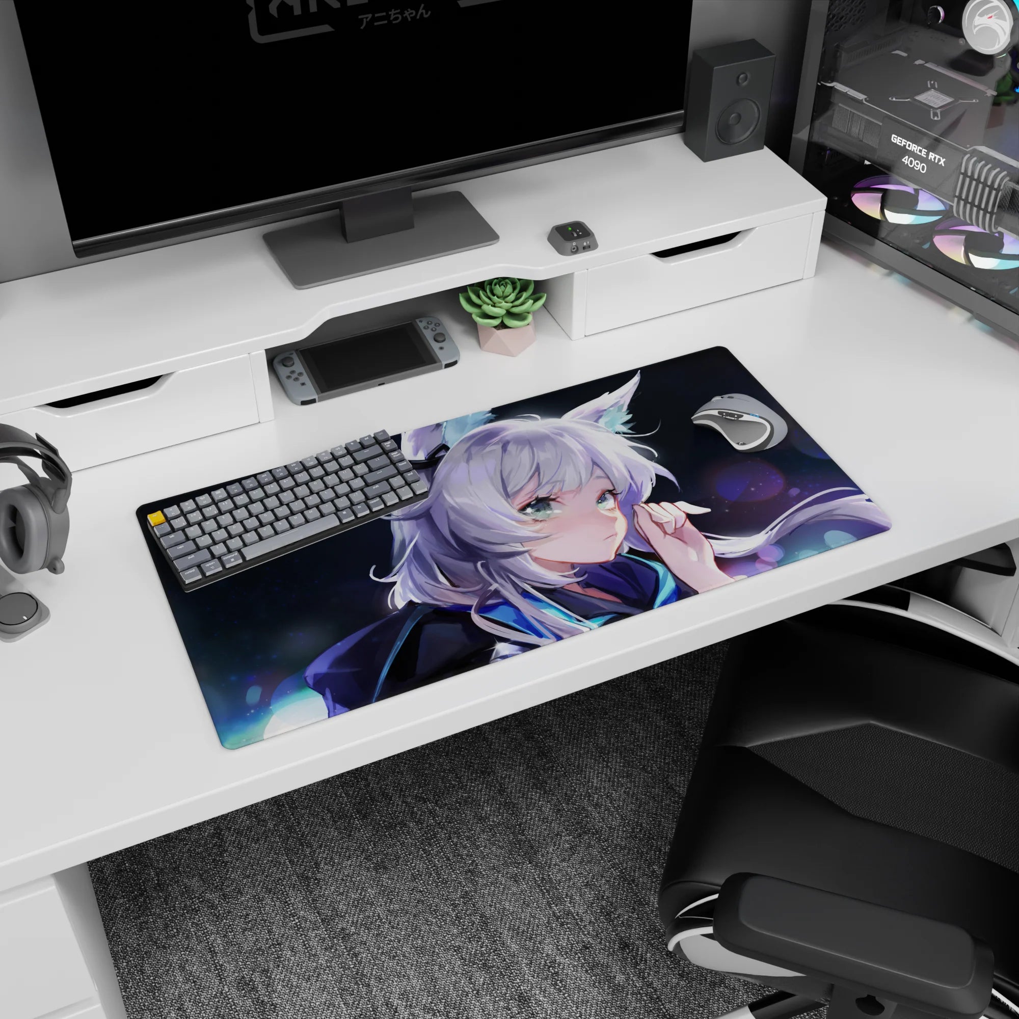 32x16 inches anime girl mouse pad featuring a silver-haired fox-eared girl in moonlight with glowing bokeh.