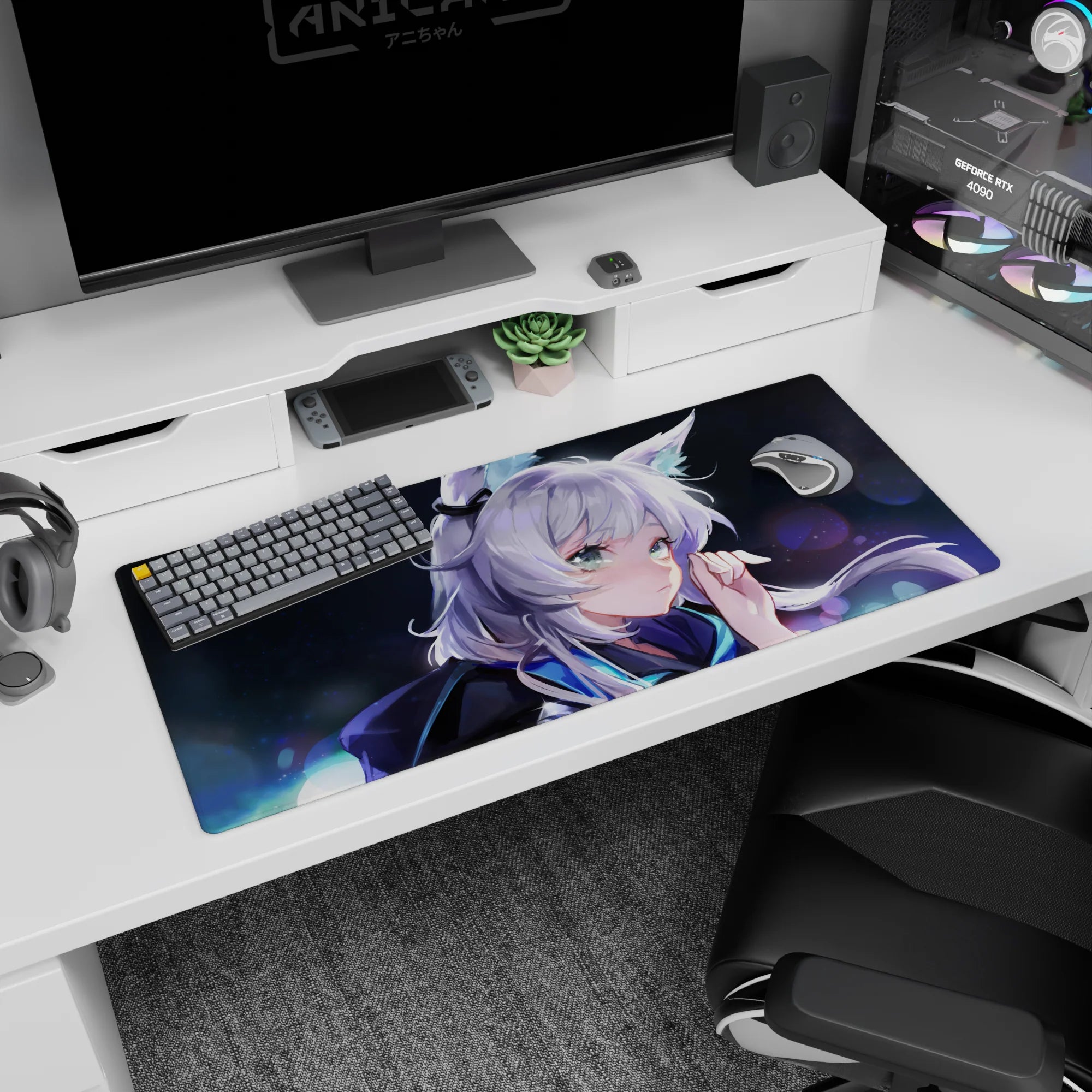 Silver-haired fox-eared anime girl under night festival lights on a 36x16 inches extended mouse pad.