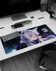 Silver-haired fox-eared anime girl under night festival lights on a 36x16 inches extended mouse pad.