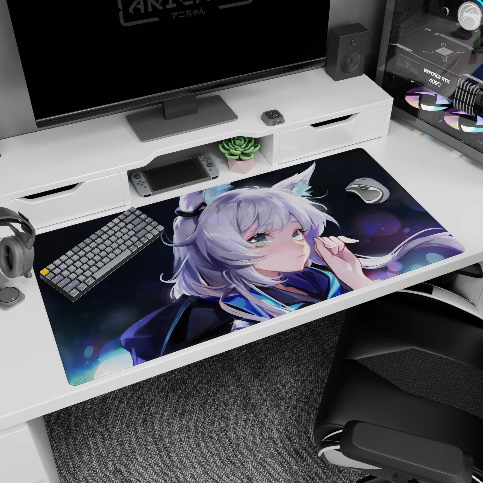Silver-haired fox-eared anime girl desk pad 40x20 inches, soft night festival bokeh and deep shadows.