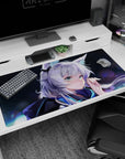 Silver-haired fox-eared anime girl desk pad 40x20 inches, soft night festival bokeh and deep shadows.