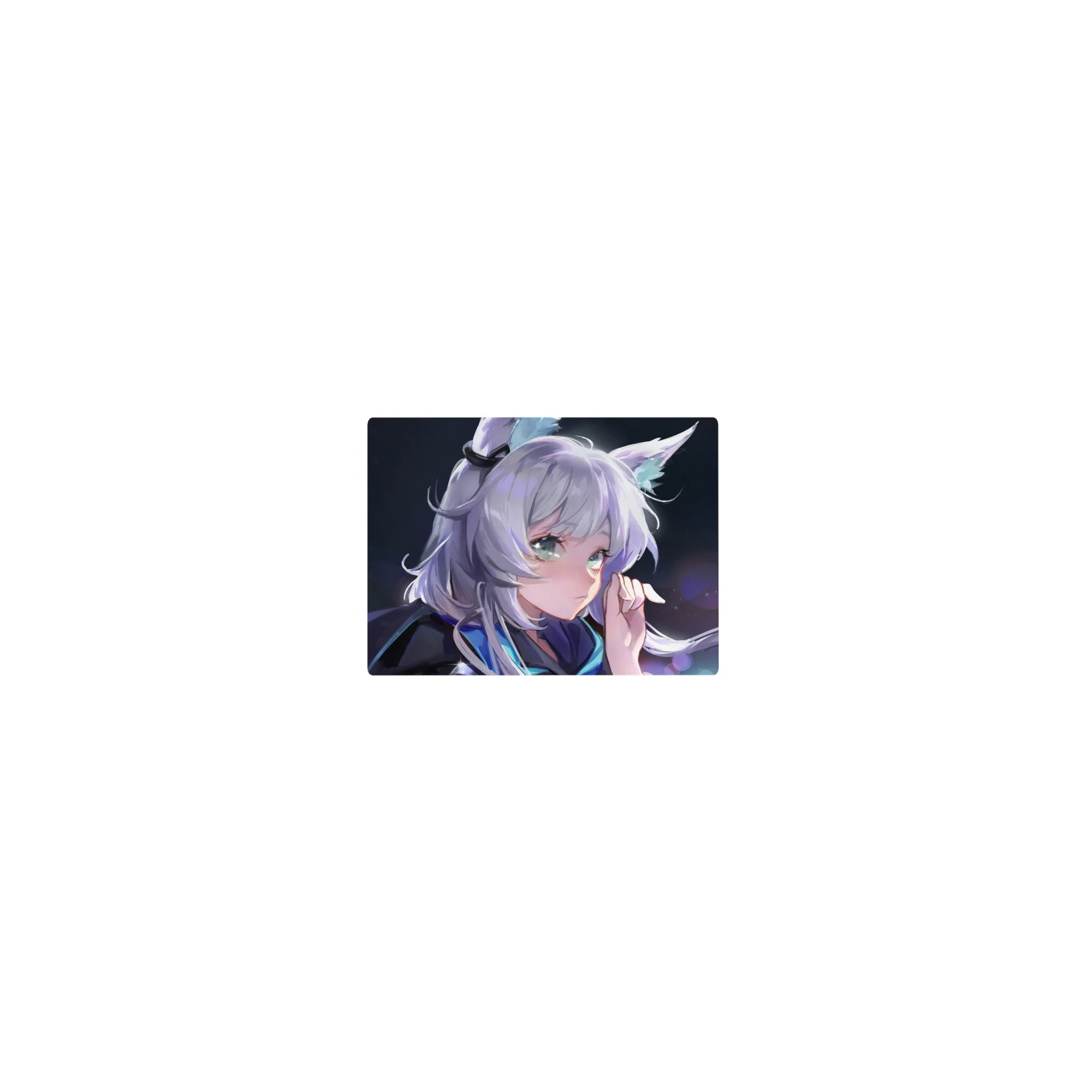 Classic anime girl mouse pad 14x10 inches with silver hair, fluffy fox ears, and bokeh night sparkles.