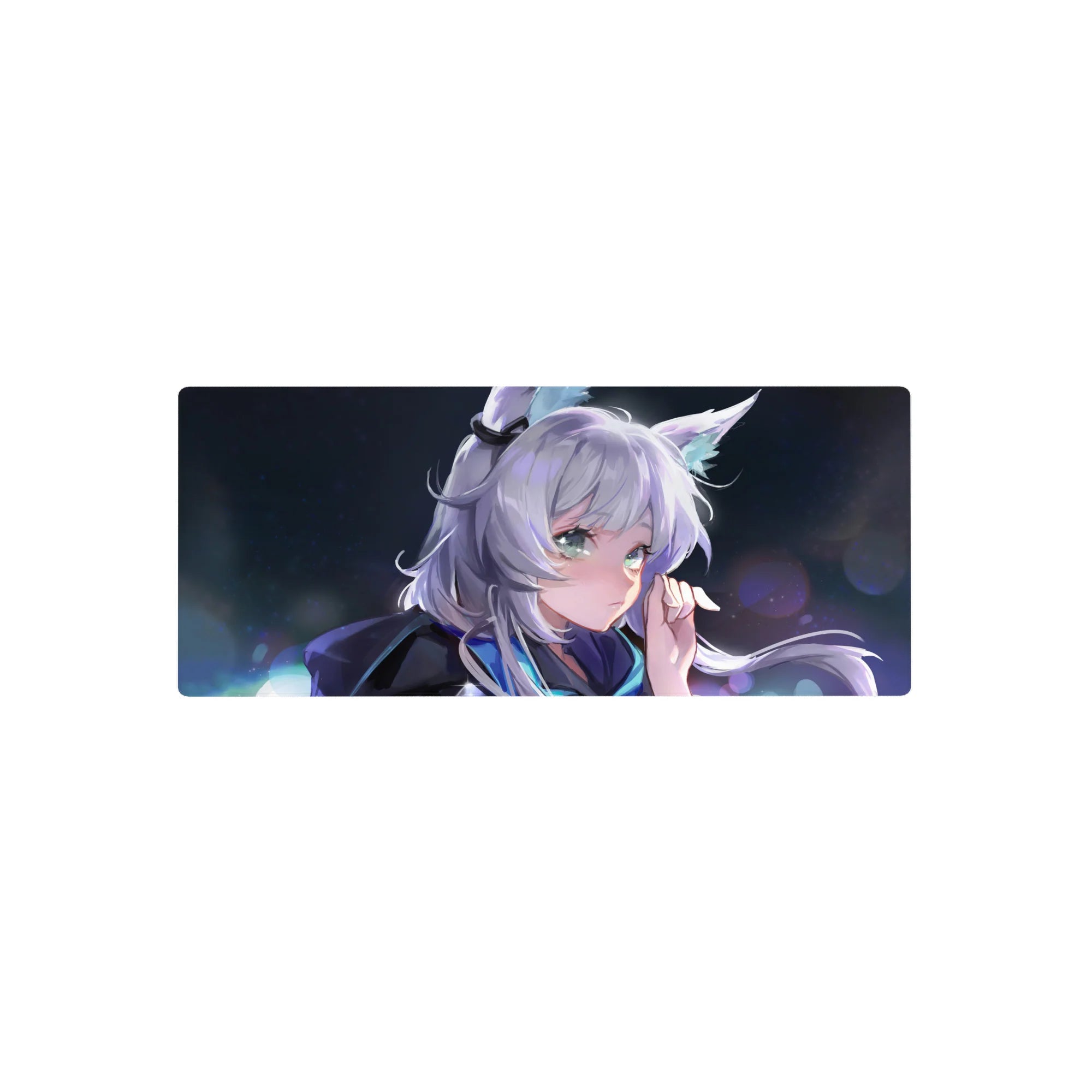 28x12 inches anime girl mouse pad with silver hair, fluffy fox ears, and moonlit bokeh sparkles.