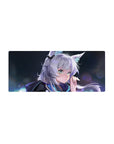 28x12 inches anime girl mouse pad with silver hair, fluffy fox ears, and moonlit bokeh sparkles.