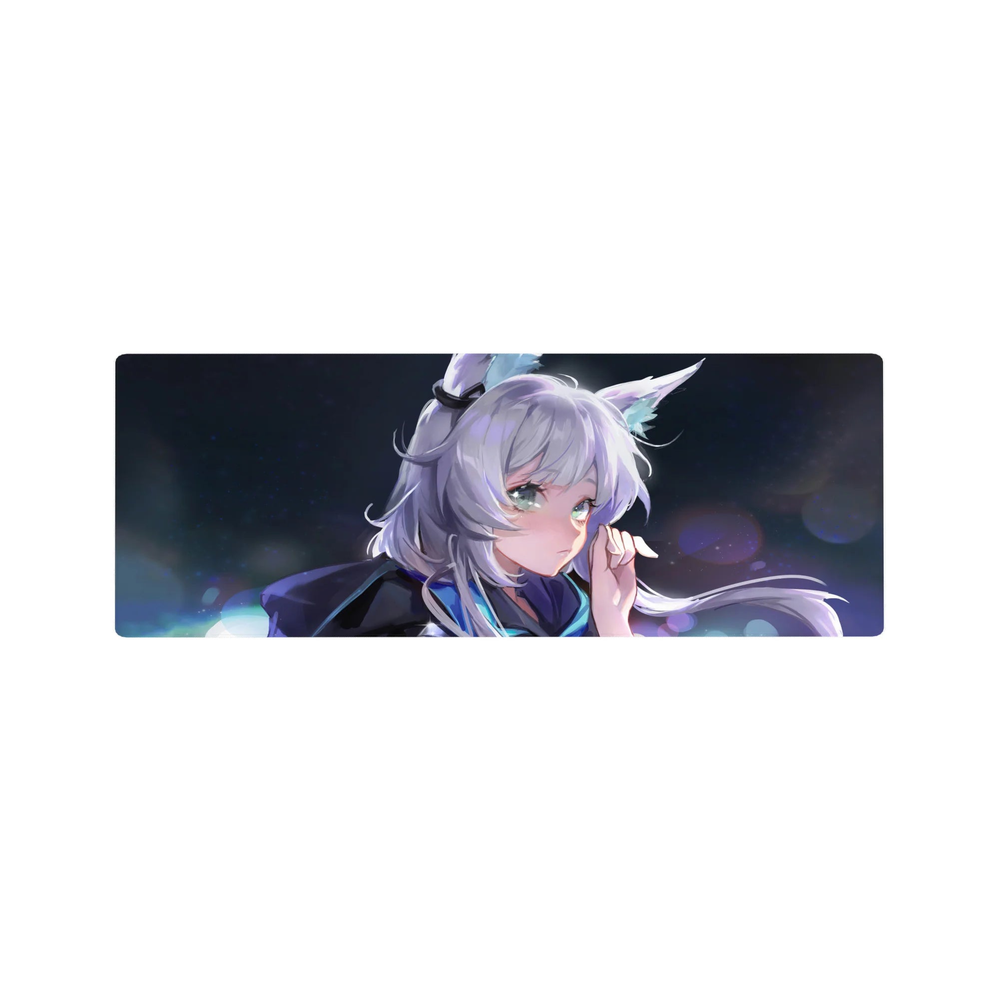 32x12 inches anime girl mouse pad with silver hair, fluffy fox ears, and night festival bokeh sparkles.