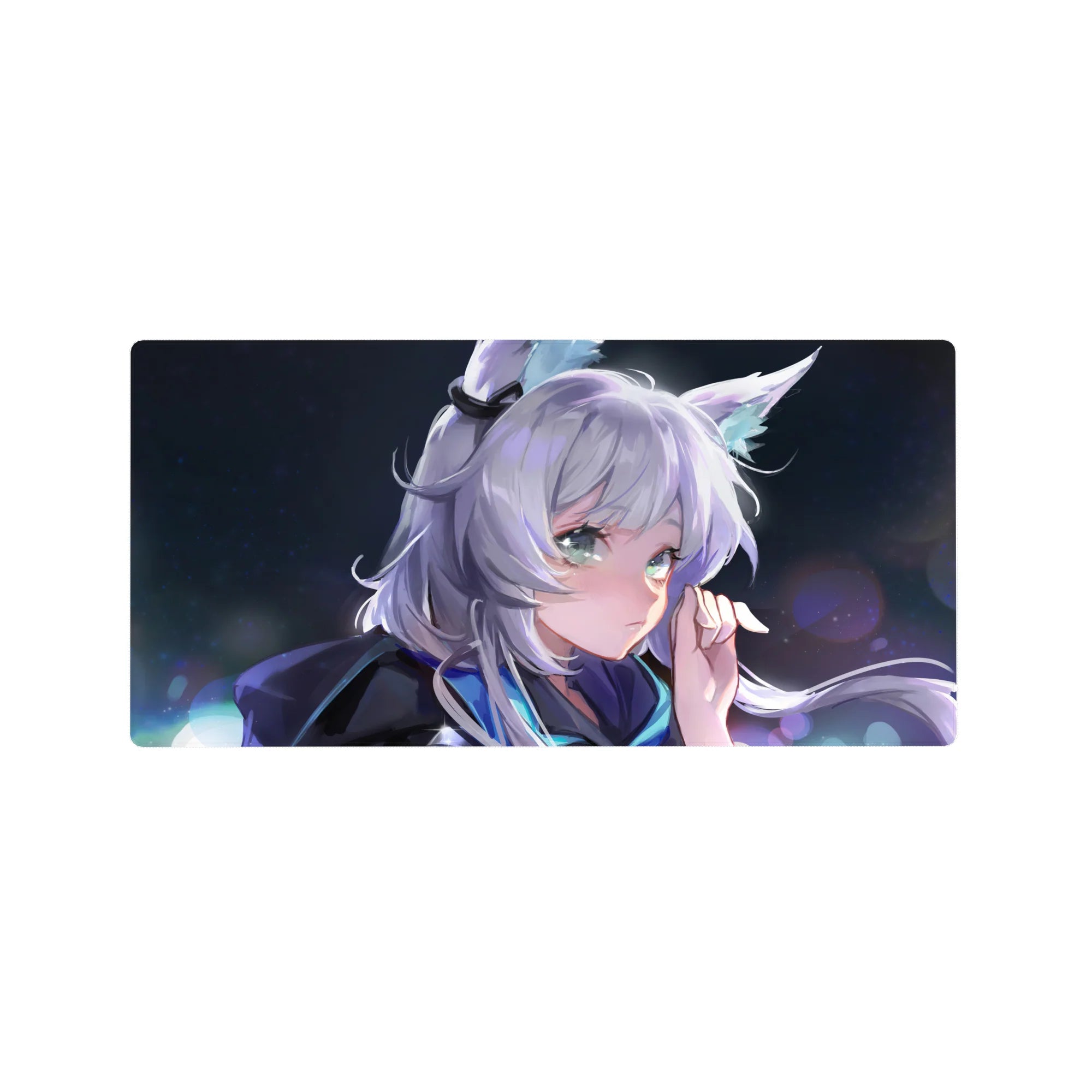 32x16 inches anime girl mouse pad with silver-haired fox girl, fluffy ears, bokeh sparkle night festival art.
