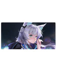 32x16 inches anime girl mouse pad with silver-haired fox girl, fluffy ears, bokeh sparkle night festival art.