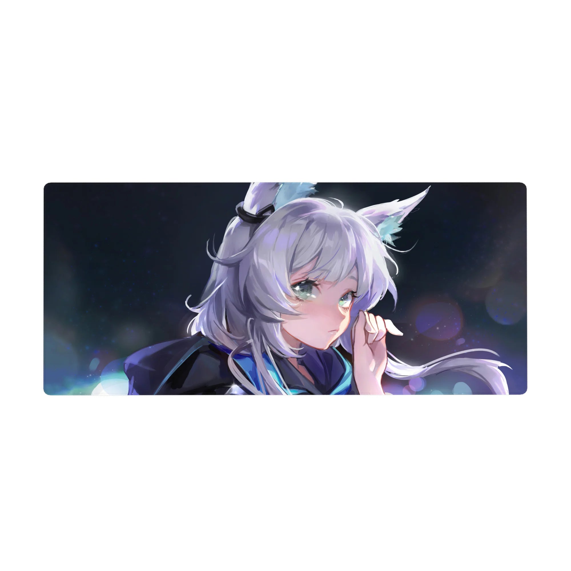 Anime girl desk pad 36x16 inches with silver hair, fluffy fox ears, and dreamy night bokeh sparkles.