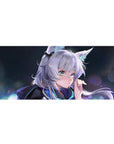 Anime girl desk pad 36x16 inches with silver hair, fluffy fox ears, and dreamy night bokeh sparkles.