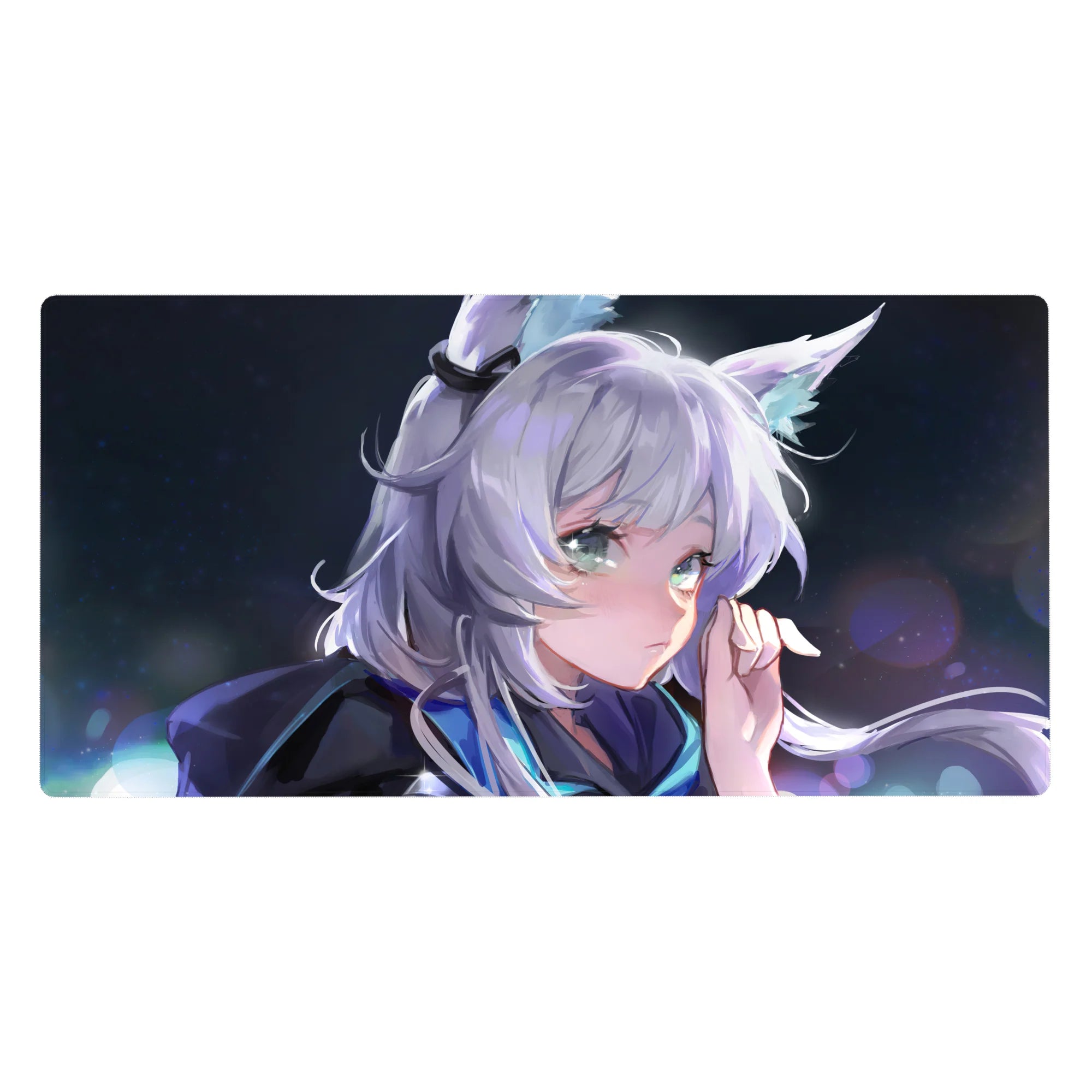 Anime girl desk pad 40x20 inches with silver hair, fluffy fox ears, and bokeh sparkle night scene.