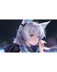 Anime girl desk pad 40x20 inches with silver hair, fluffy fox ears, and bokeh sparkle night scene.