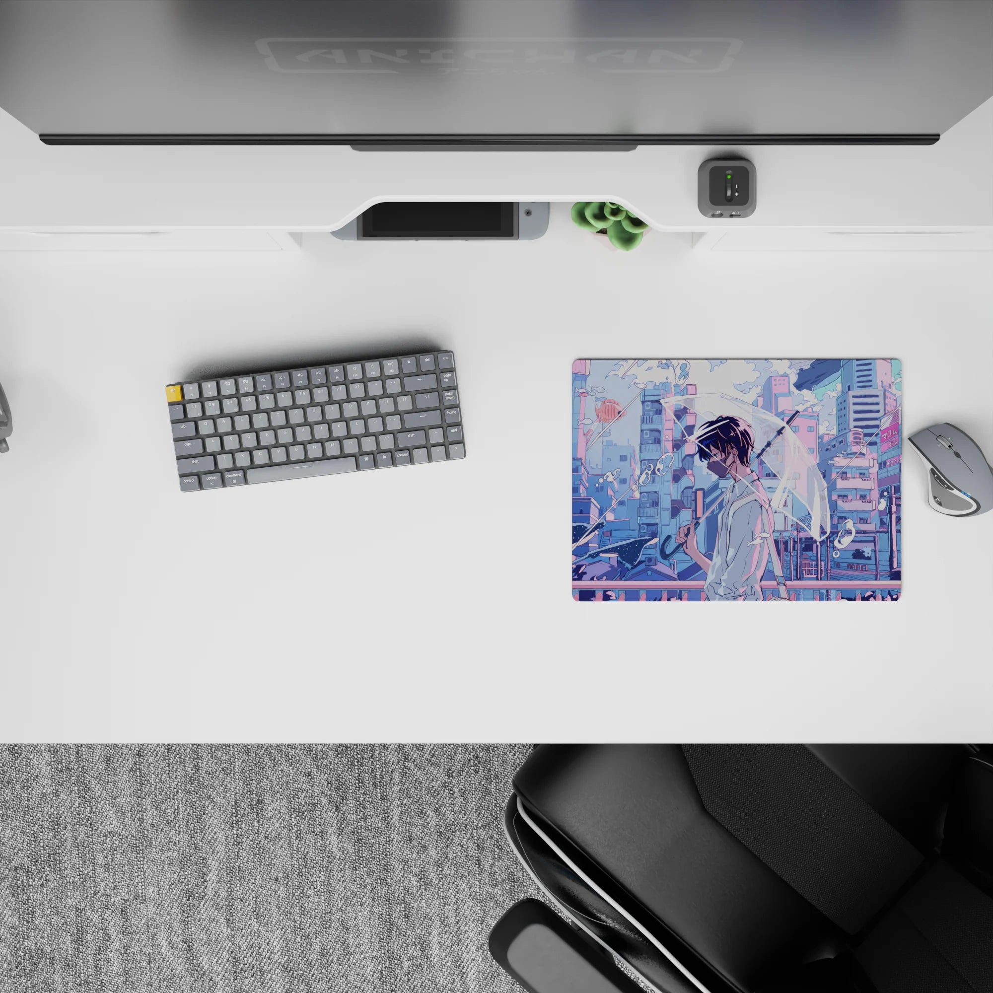 Pastel lilac and sky-blue anime mouse pad 14x10 inches, calm after rain with soft pink neon glow.