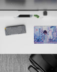 Pastel lilac and sky-blue anime mouse pad 14x10 inches, calm after rain with soft pink neon glow.