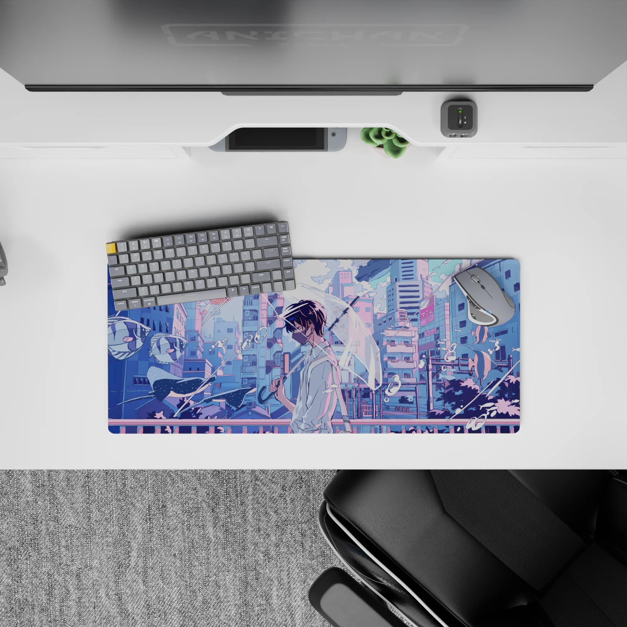 28x12 inches anime desk mat in lilac and sky-blue pastels, calm after rain, soft neon glow.