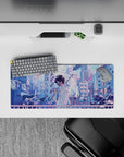28x12 inches anime desk mat in lilac and sky-blue pastels, calm after rain, soft neon glow.