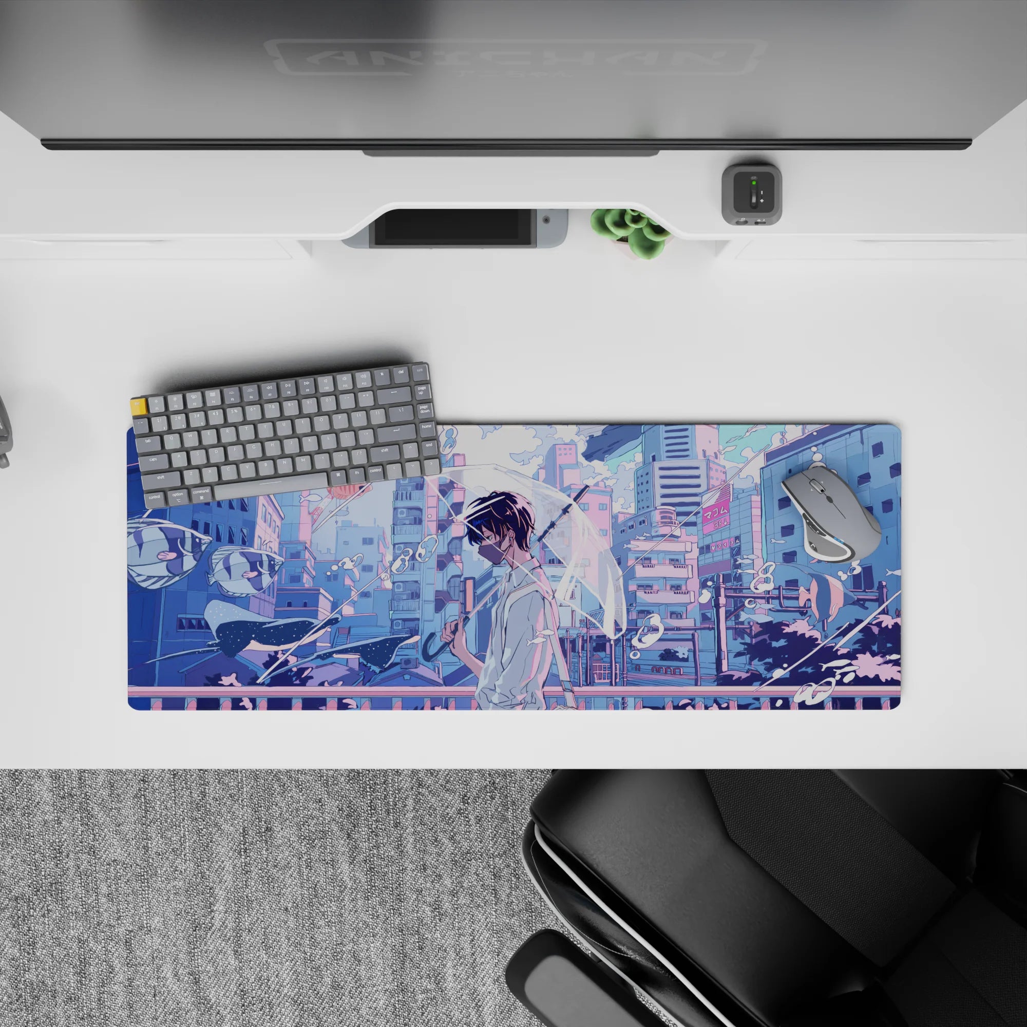32x12 inches pastel anime mouse pad in lilac and sky-blue, calm after rain with soft neon glow.