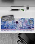 32x12 inches pastel anime mouse pad in lilac and sky-blue, calm after rain with soft neon glow.