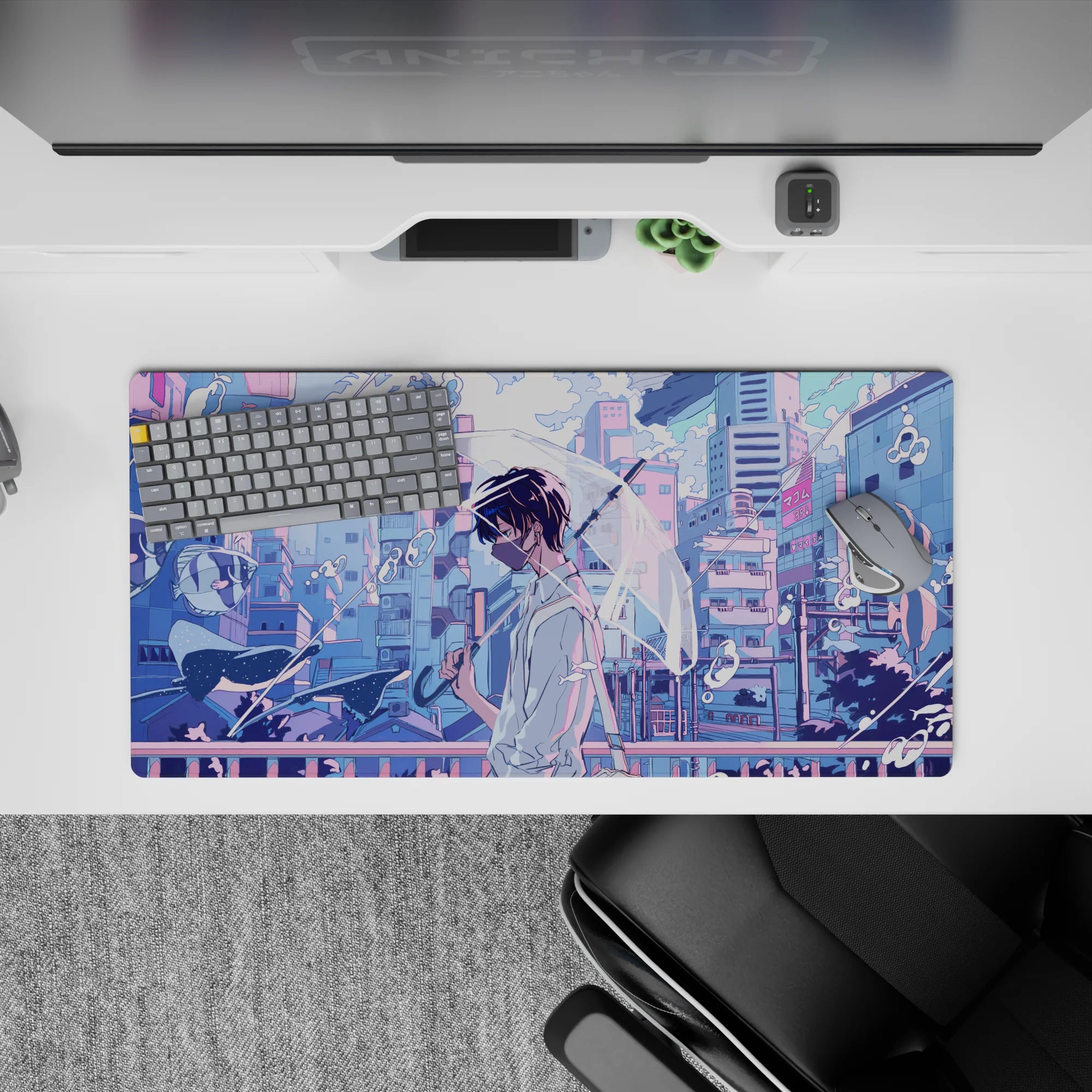 32x16 inches anime mouse pad in lilac and sky-blue pastels, calm after rain glow with soft bittersweet mood.