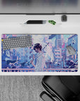32x16 inches anime mouse pad in lilac and sky-blue pastels, calm after rain glow with soft bittersweet mood.