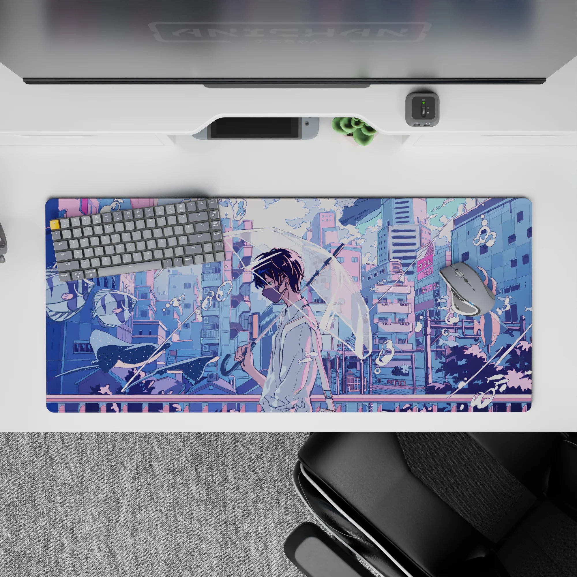 Pastel lilac and sky-blue 36x16 inches anime desk pad with calm after-rain glow and soft neon.