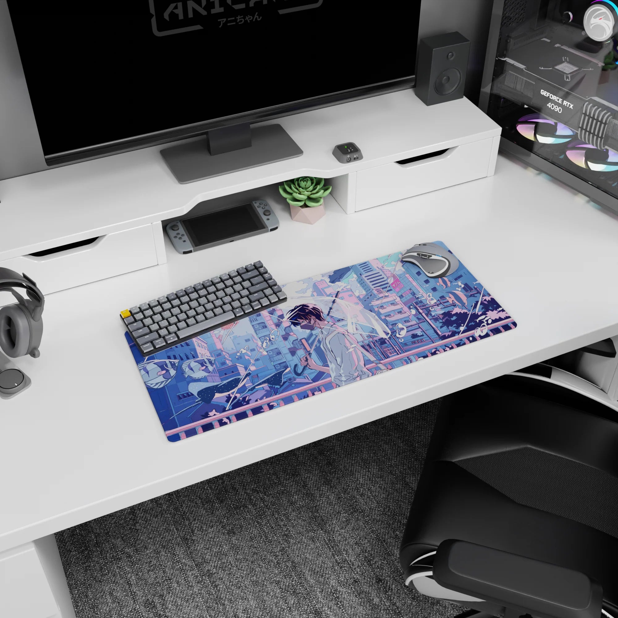 28x12 inches anime mouse pad featuring a masked boy with umbrella drifting across a bridge at dusk.