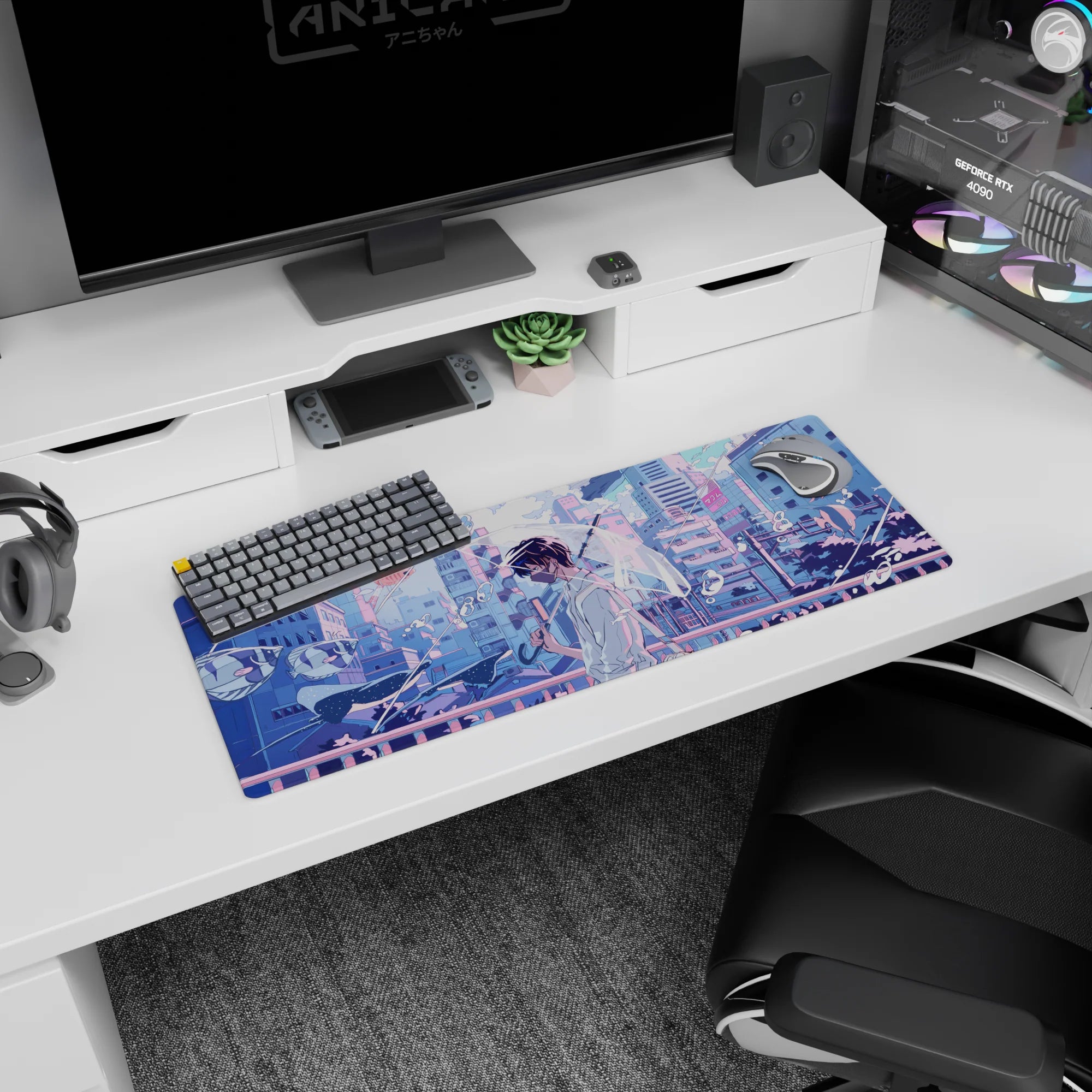 32x12 inches anime mouse pad showing masked boy with umbrella drifting over a neon bridge at dusk.