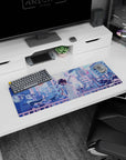 32x12 inches anime mouse pad showing masked boy with umbrella drifting over a neon bridge at dusk.