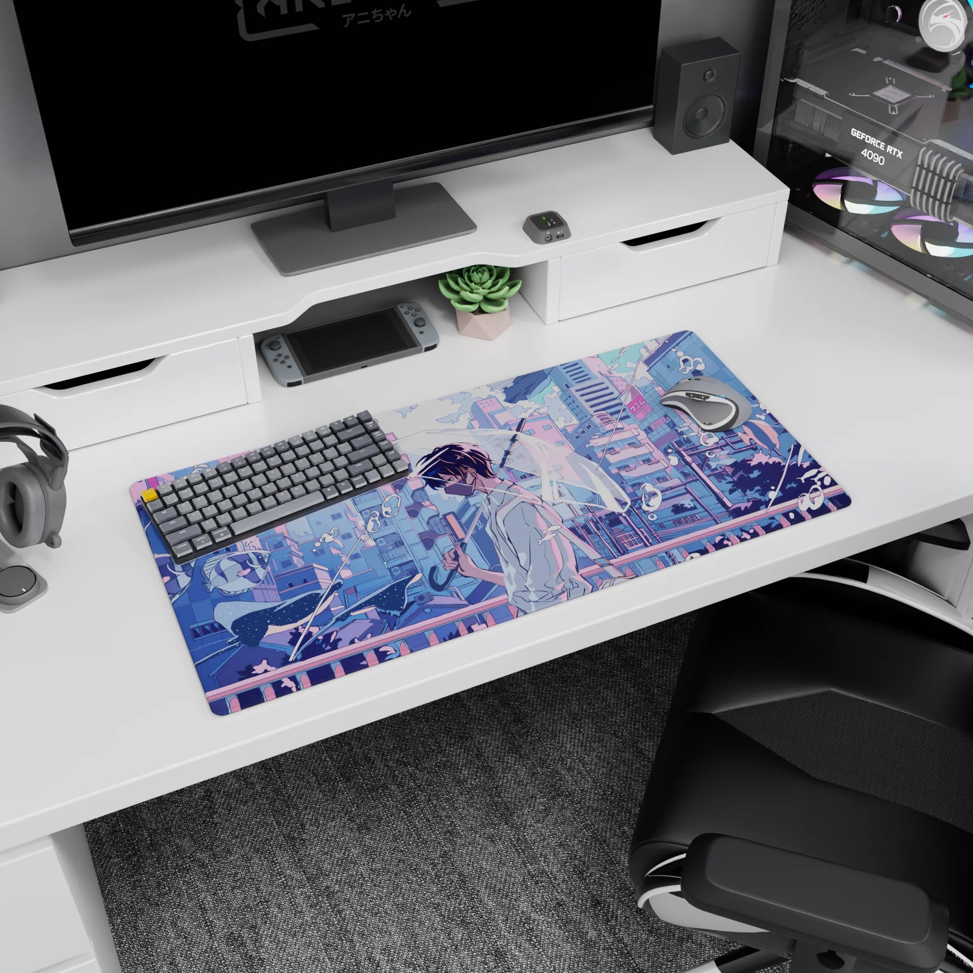 32x16 inches anime mouse pad showing masked boy in white shirt drifting over a bridge under pink neon light.