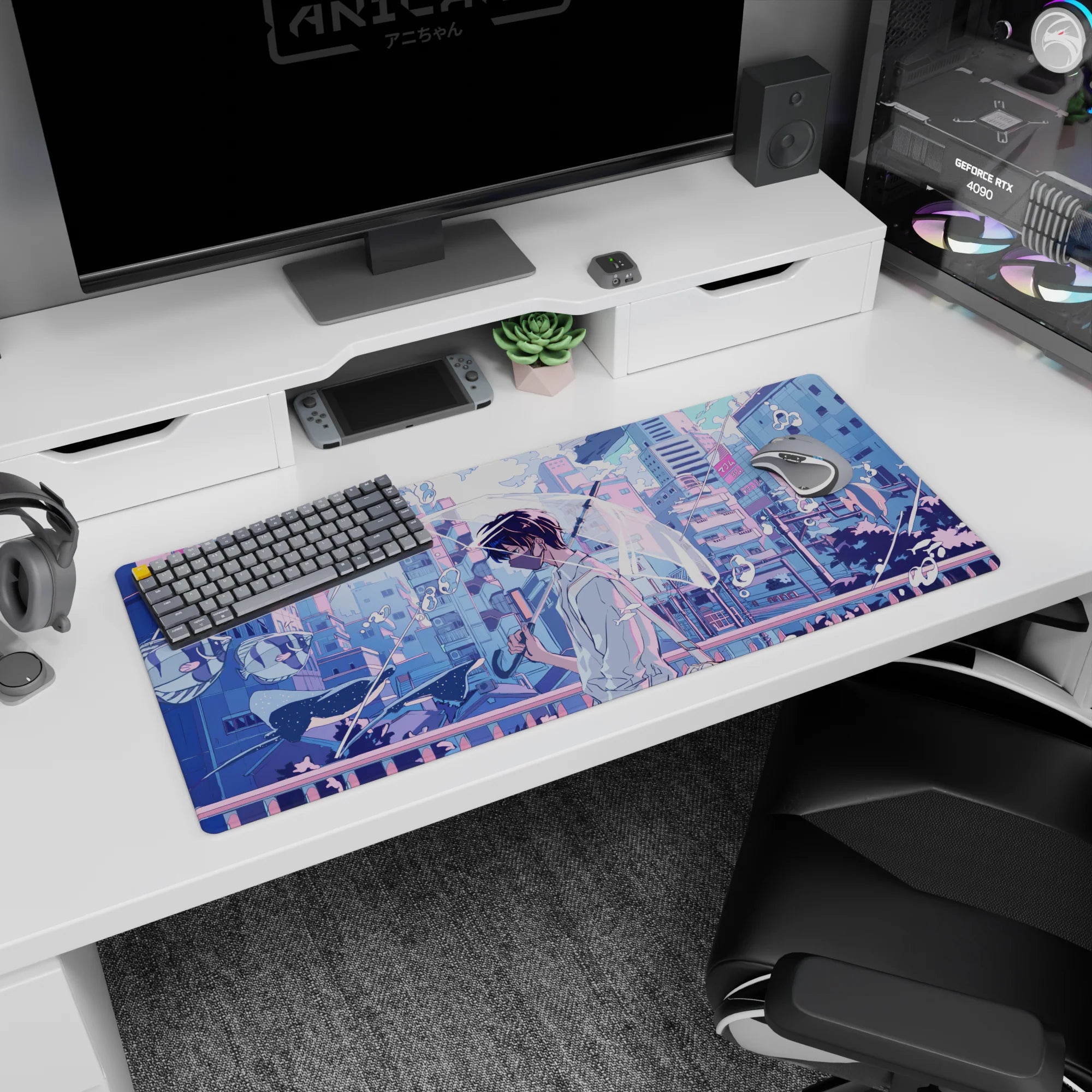 Masked anime boy with umbrella on a bridge, pink-lit hair, on a 36x16 inches desk pad.