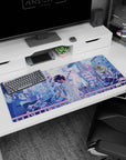 Masked anime boy with umbrella on a bridge, pink-lit hair, on a 36x16 inches desk pad.