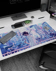 40x20 inches anime desk pad of masked boy with umbrella on bridge, white shirt lit by pink neon.