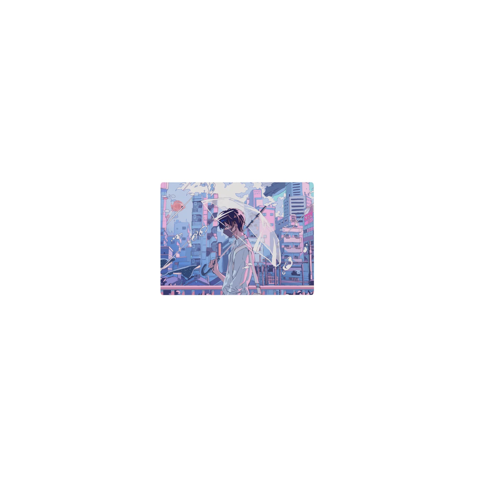 Classic anime mouse pad 14x10 inches with neon city bridge, bubbles, ribbons, and pastel clouds.