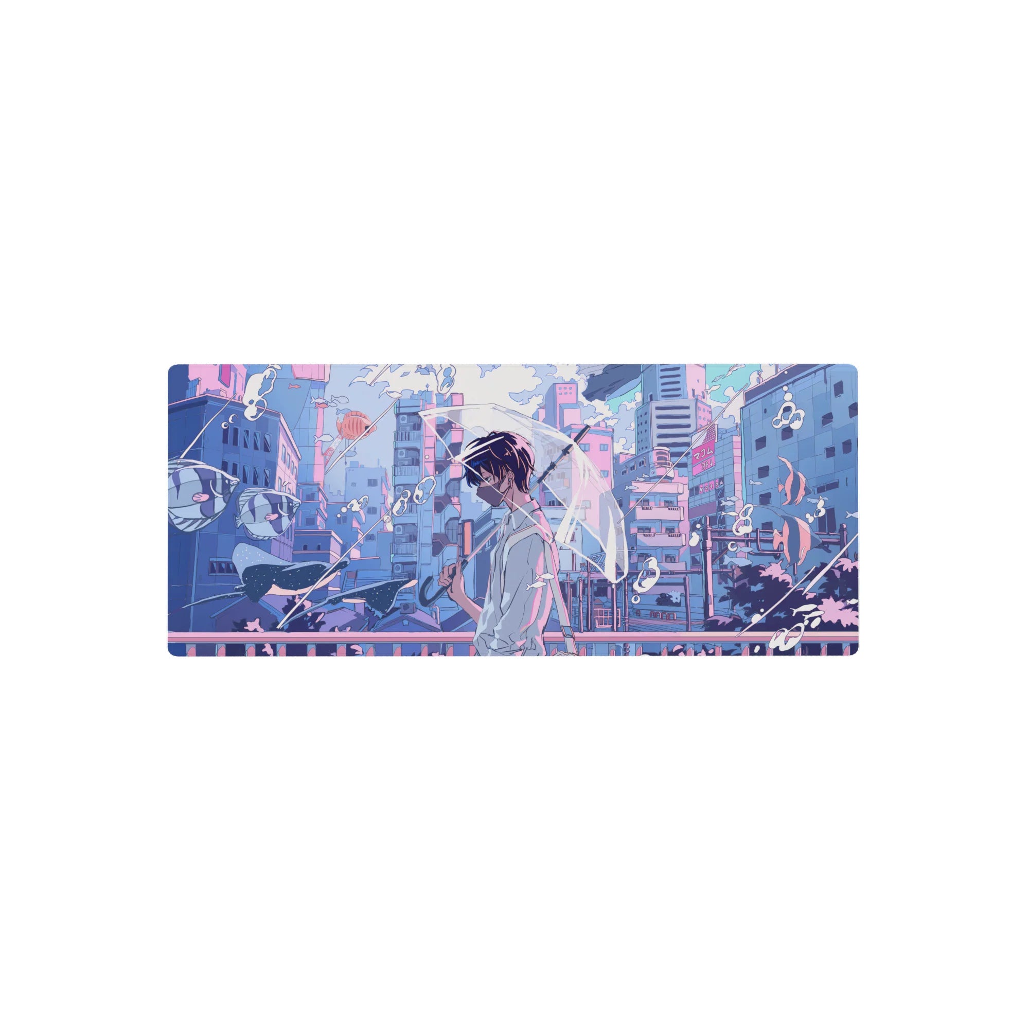 28x12 inches anime mouse pad with neon city bridge, pastel clouds, bubbles, and ribbon shapes.