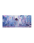 28x12 inches anime mouse pad with neon city bridge, pastel clouds, bubbles, and ribbon shapes.