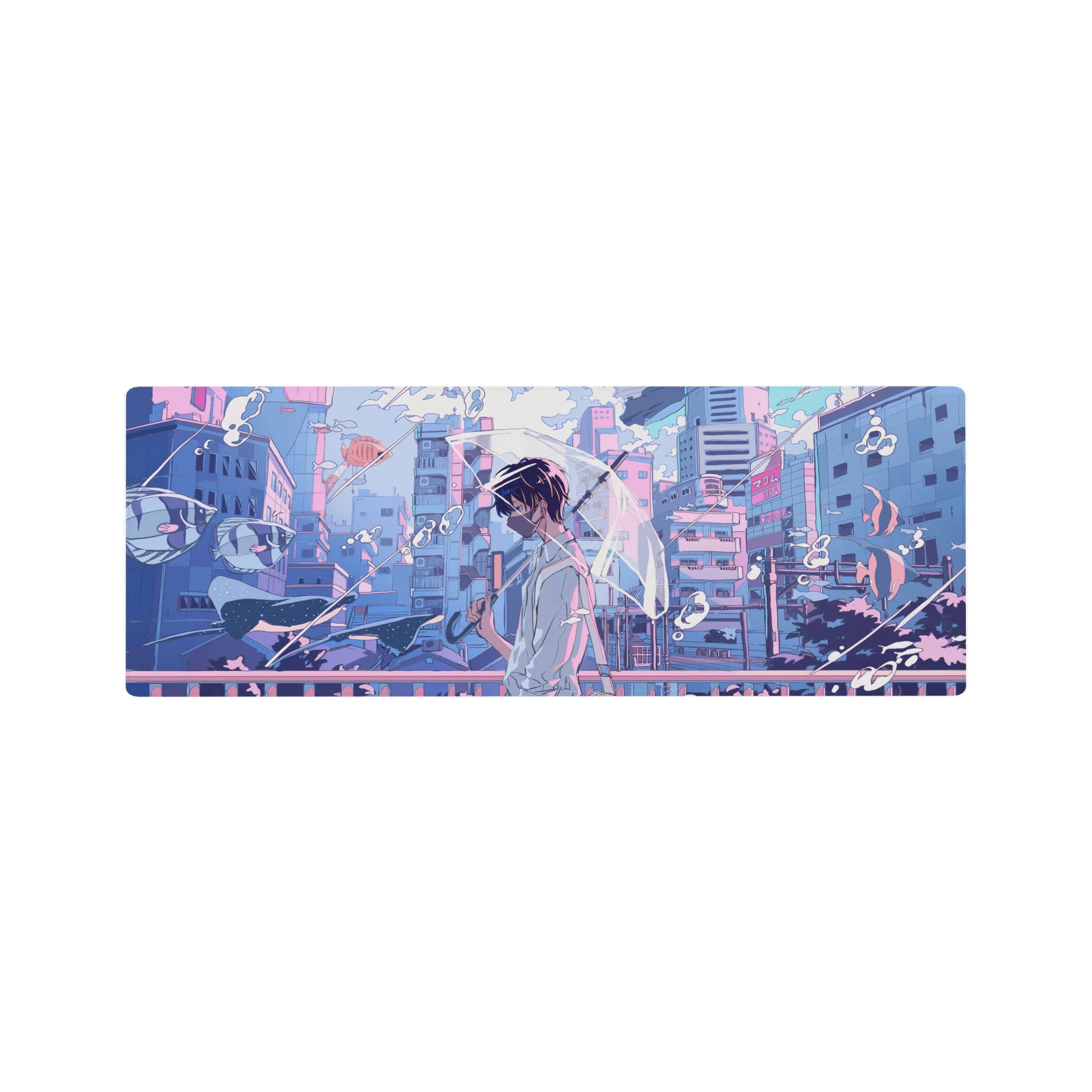 32x12 inches anime mouse pad with neon city bridge, pastel clouds, bubbles, and ribbon shapes.